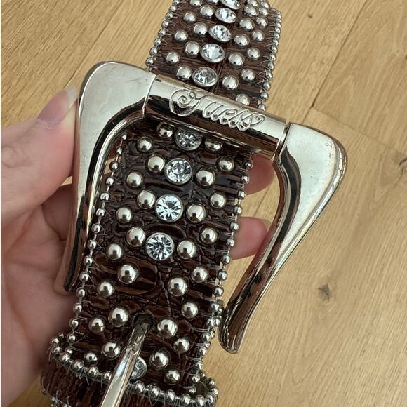 Guess Faux Leather Belt Studs Rhinestones Western Size S Brown Silver main image 4